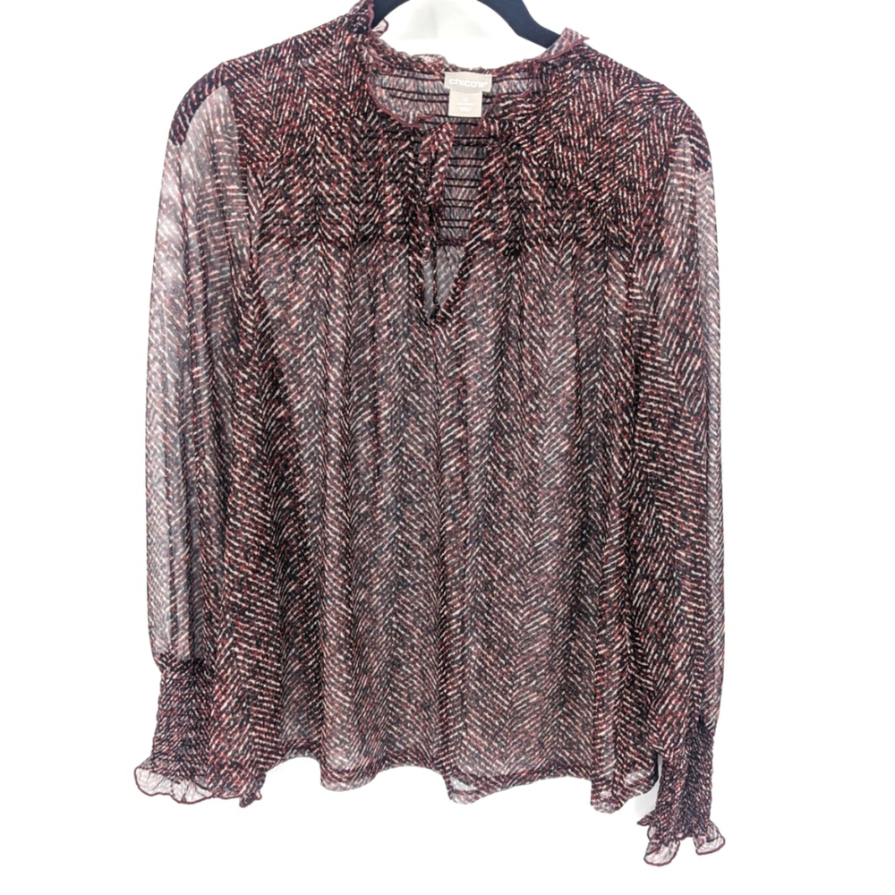 Chico's Blouse Womens Small Red Sheer Tie Neck Ruffle Cuff Long Sleeve‎ Top